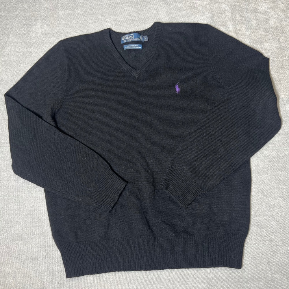 Polo Ralph Lauren Mens V-Neck Sweater Black 100% Lambswool Purple Pony Large EUC